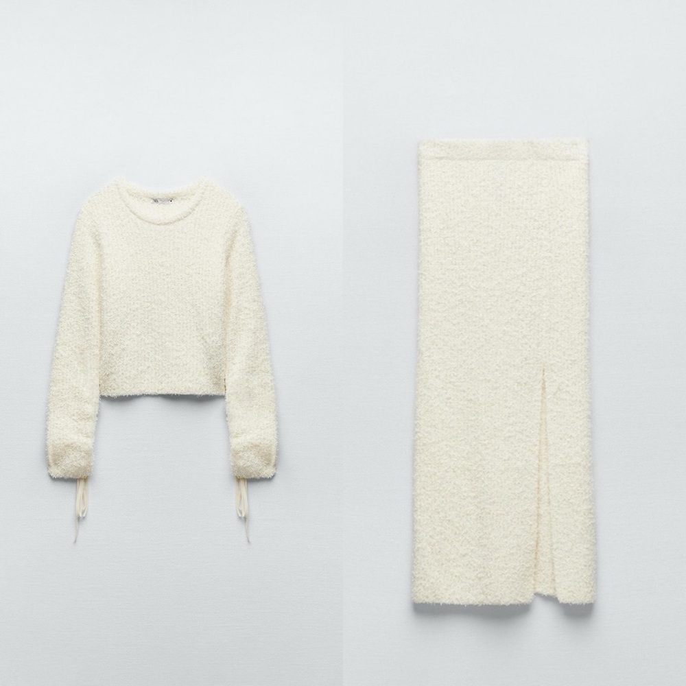 Zara Set Light Ecru Faux Fur Midi Skirt And Faux Sweater